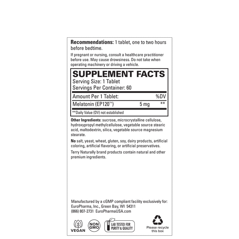 Terry Naturally Melatonin EP120 5 mg Sustained Release - 60 Vegan Tablets, by EuroPharma