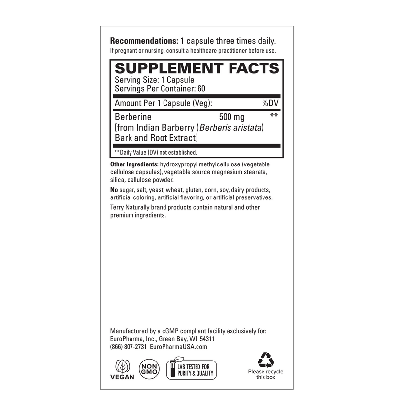 Terry Naturally Berberine 500 mg, 60 Capsules, by Europharma