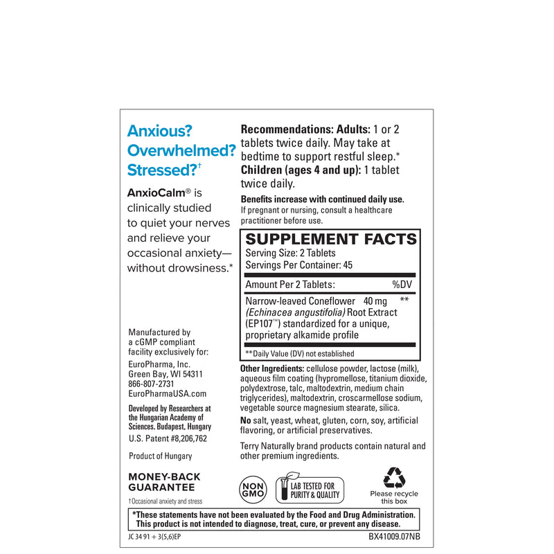 Terry Naturally AnxioCalm 90 Tablets, by EuroPharma